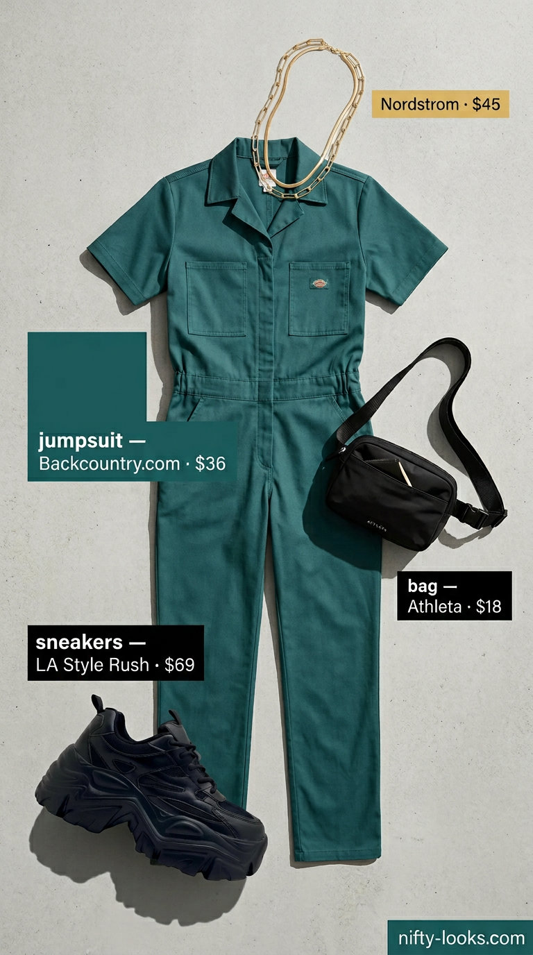 Olive green utility jumpsuit outfit for women, part of trendy capsule ideas for summer wardrobe 2026. Modern and edgy.