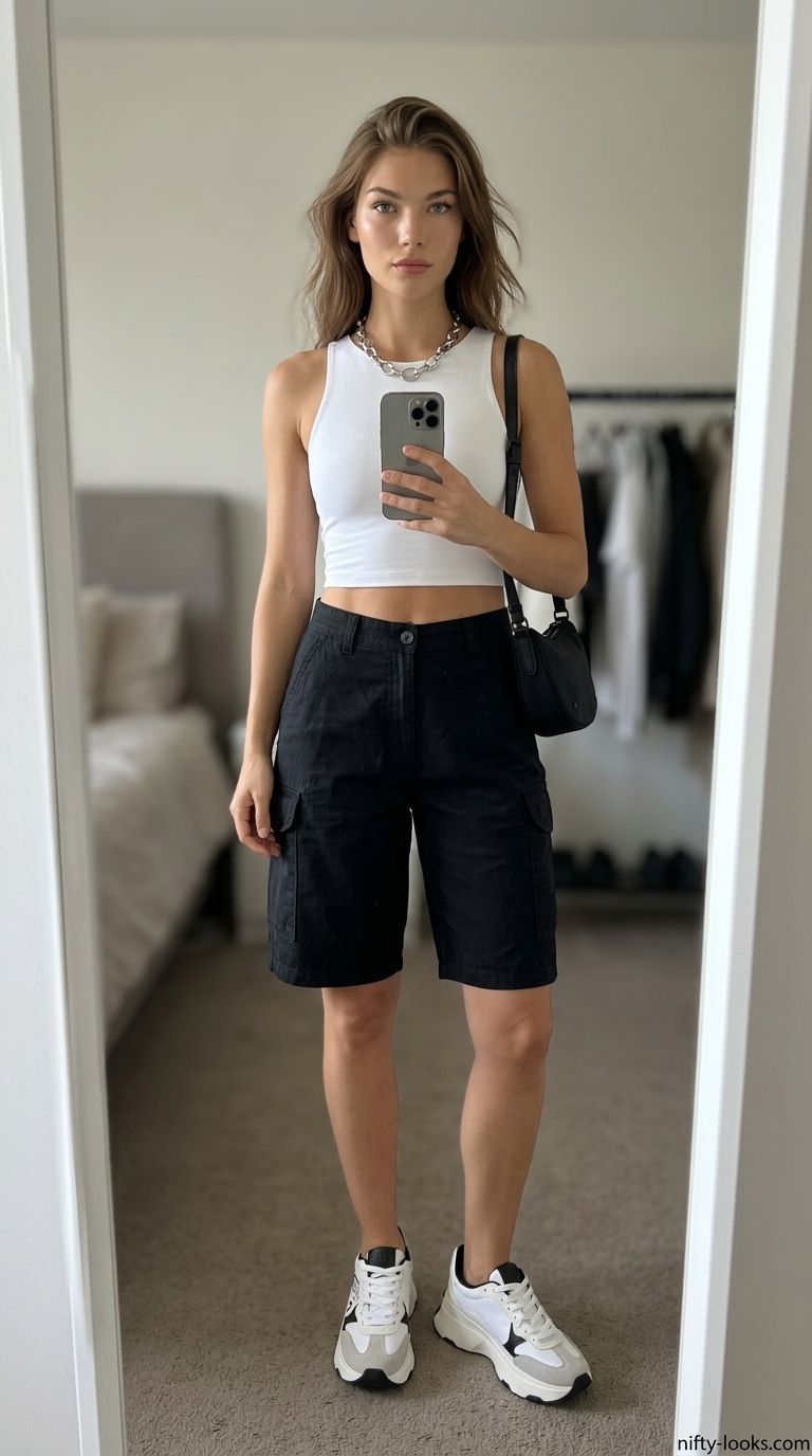 Black cargo shorts outfit for women 2026: white crop top, chunky sneakers, silver necklace.