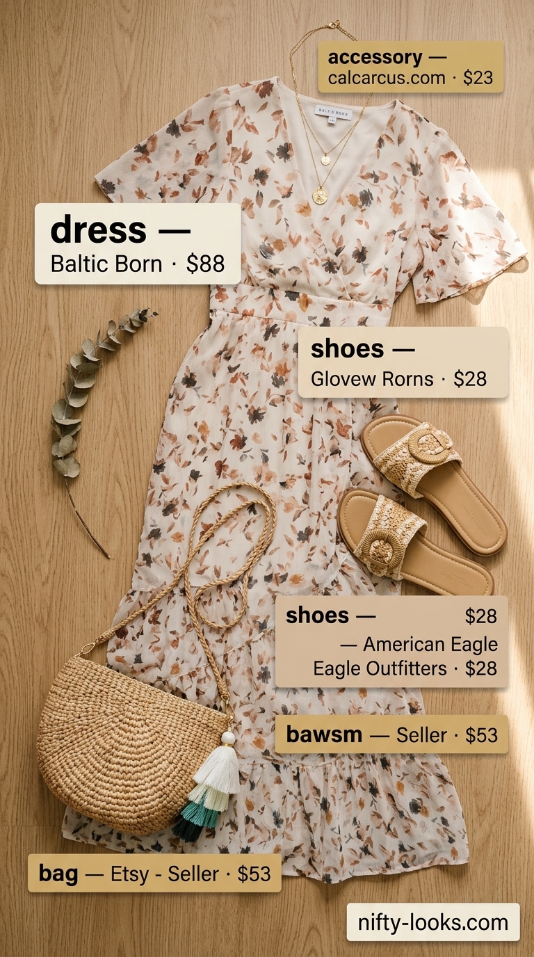 Trendy outfit inspo summer for women 2026: Flowy floral maxi dress, woven sandals, and layered gold necklaces for a picnic.