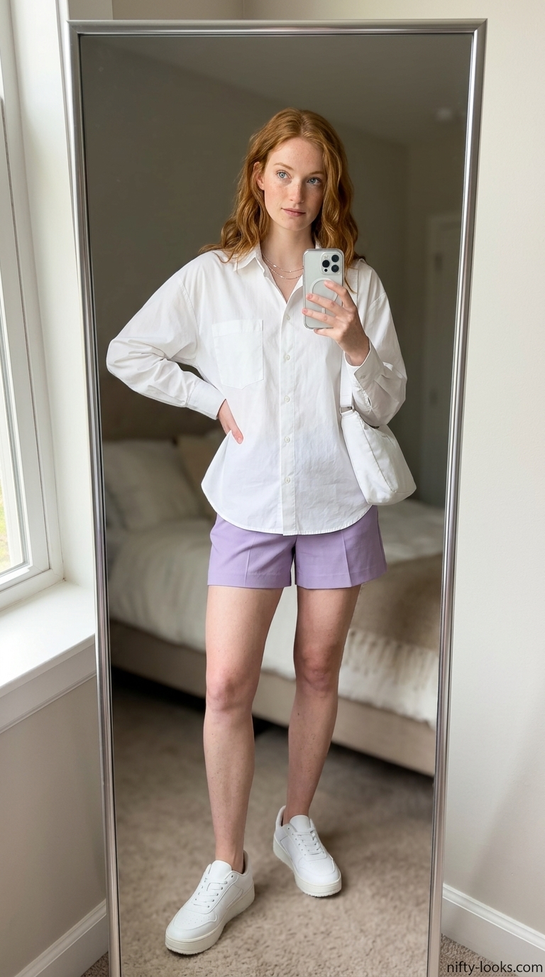 Trendy outfit inspo summer for women 2026: Lavender paperbag shorts, white button-down, and platform sneakers for brunch.