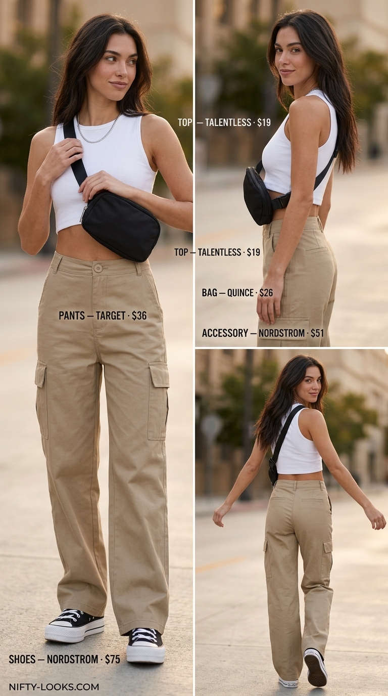 Festival Ready Utility outfit: Khaki cargo pants, white crop tank, and chunky sneakers. Trendy outfit inspo summer for women 2026.