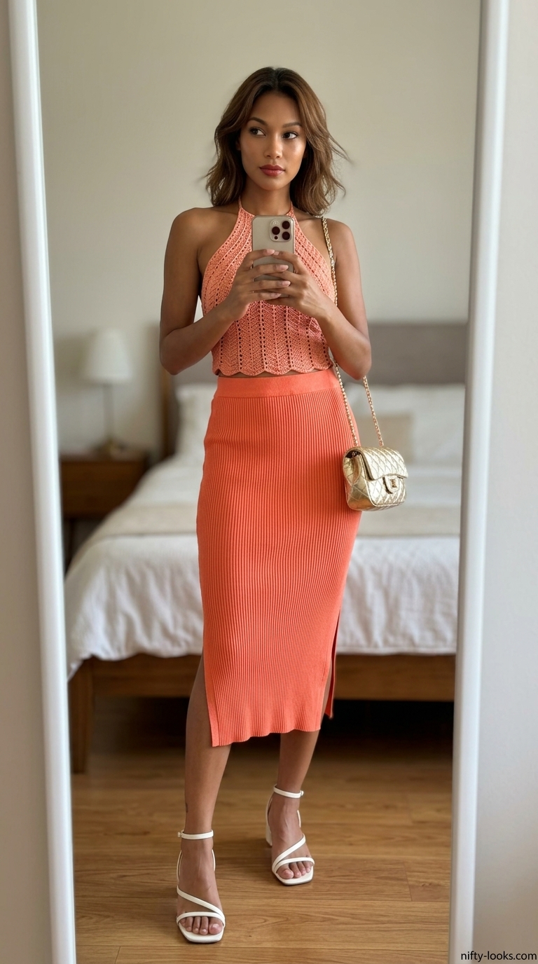Coral matching set outfit for women 2026: halter top, midi skirt, white sandals.