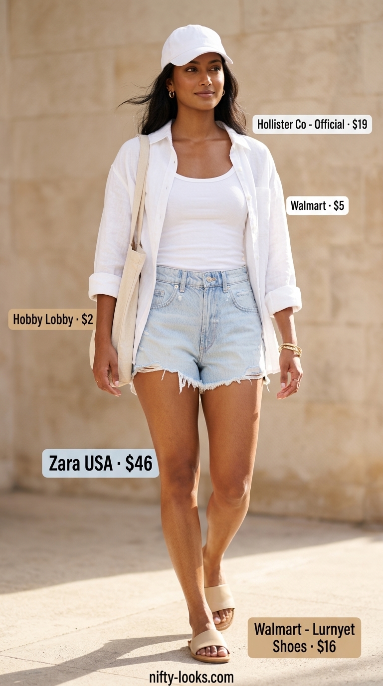 Trendy outfit inspo summer for women 2026: Denim shorts, oversized shirt, canvas tote for a casual day out.