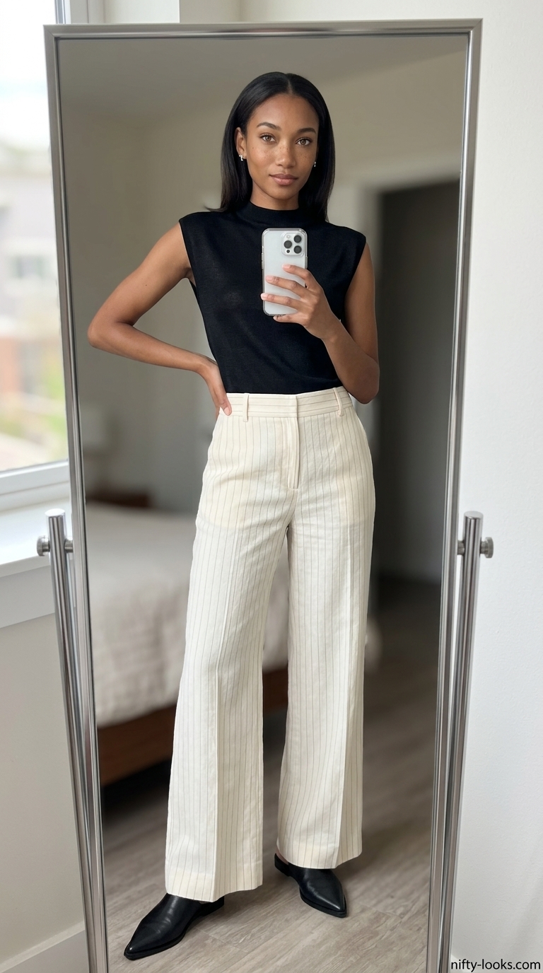 Ecru linen pants outfit for women 2026: high-waisted trousers, mock neck top, black mules, tote.