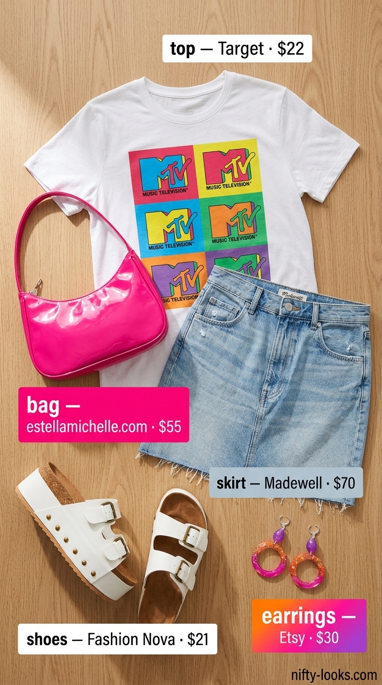 Trendy outfit inspo summer for women 2026: Pink graphic tee, denim mini skirt, and chunky sandals for a festival.