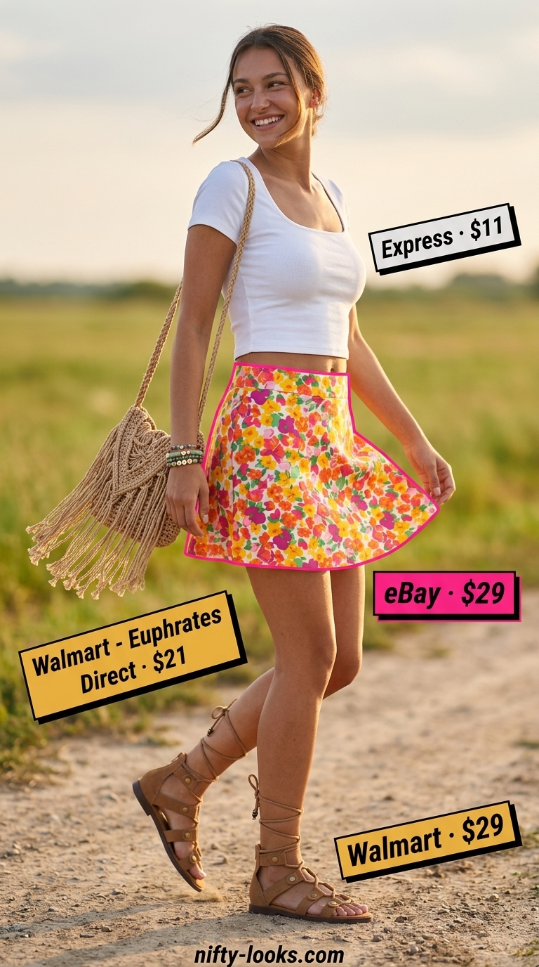 Trendy outfit inspo summer for women 2026: Floral mini skirt, white crop top, gladiator sandals for a festival.