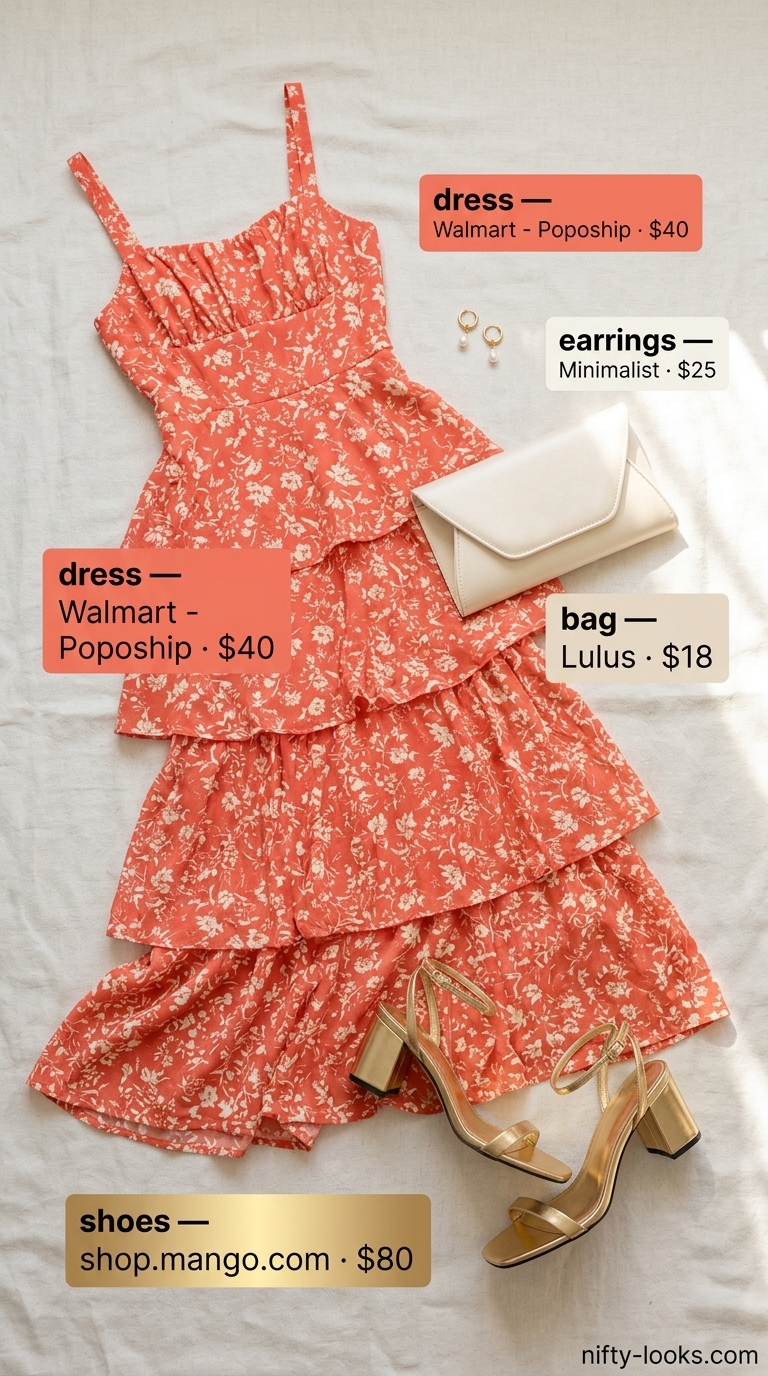 Sunset Garden Soiree dress: Coral floral maxi dress with gold block heels and pearl earrings. Trendy outfit inspo summer for women 2026.