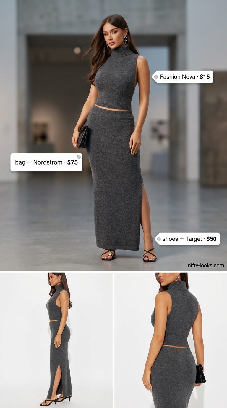 Modern Art Gallery outfit: Charcoal grey knit crop top and midi skirt set, black kitten heels. Trendy outfit inspo summer for women 2026.