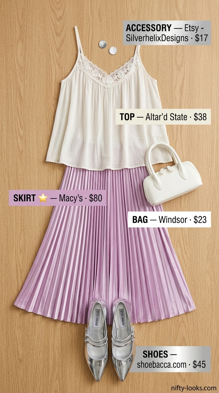 Lavender Haze Brunch outfit: Lavender satin midi skirt, ivory lace camisole, and silver ballet flats. Trendy outfit inspo summer for women 2026.