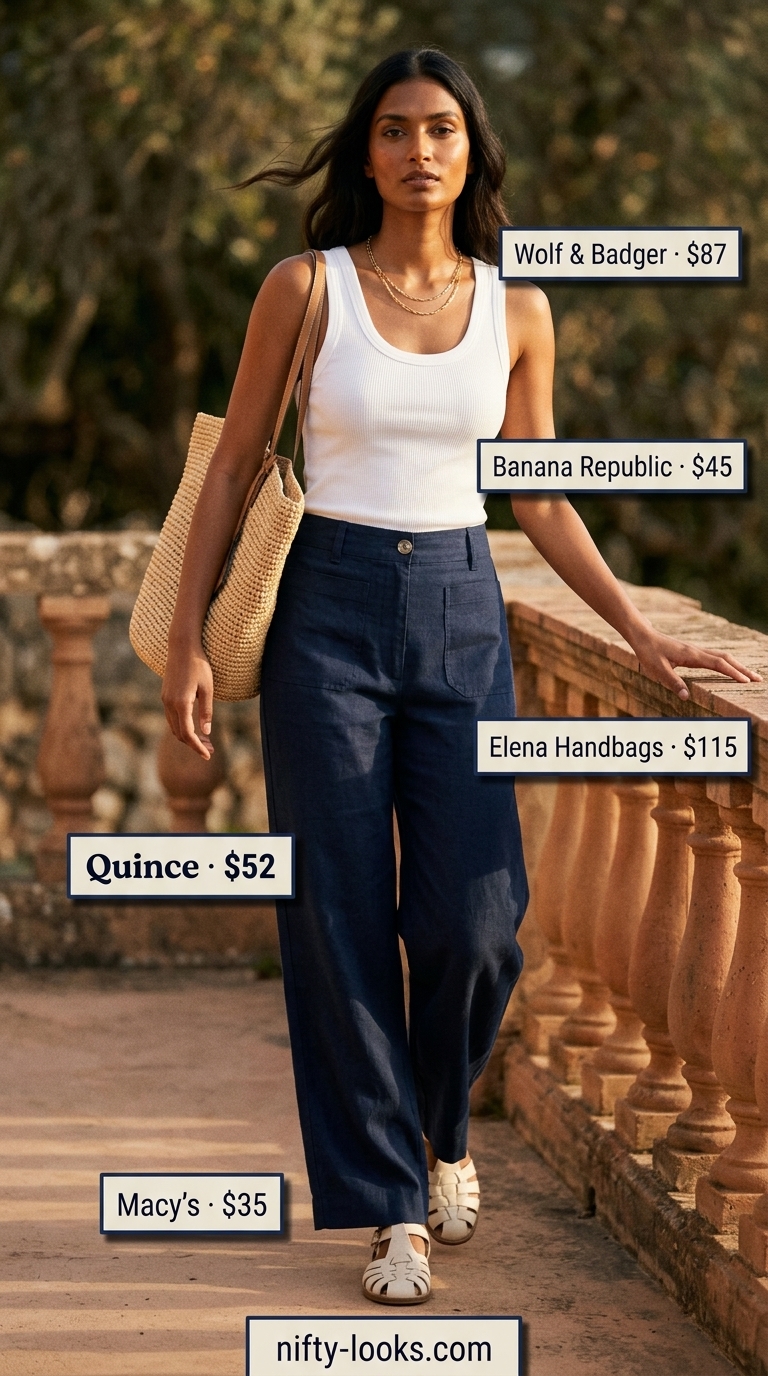 Trendy outfit inspo summer for women 2026: Navy linen pants, knit tank, espadrilles for resort wear.