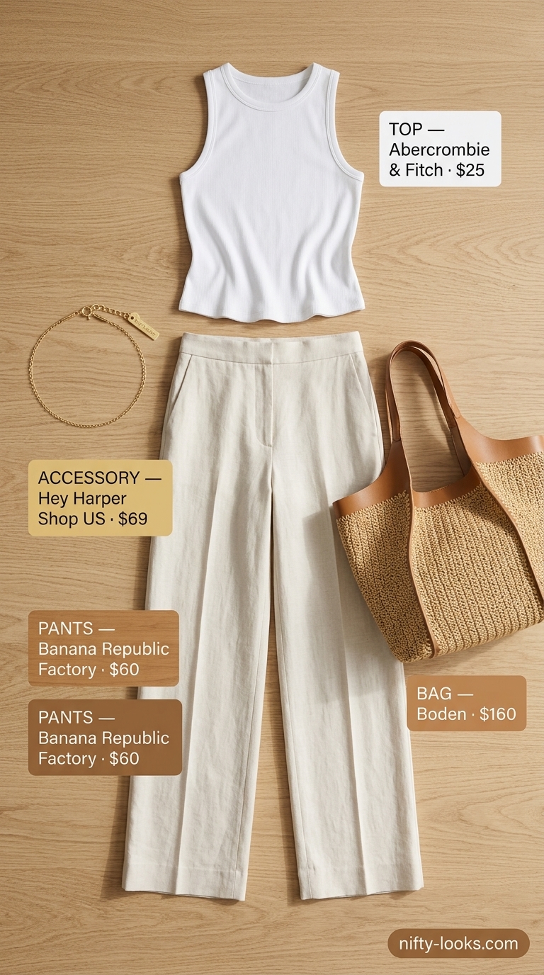 Coastal Linen Dream outfit: Natural linen wide-leg pants, white ribbed tank, and tan leather slides. Trendy outfit inspo summer for women 2026.