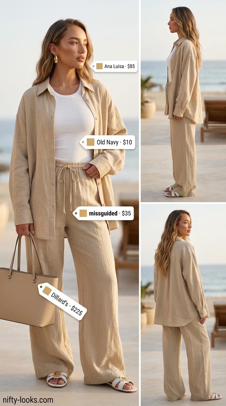 Understated Elegance matching set: Sand beige linen shirt and wide-leg pants, white leather slides. Trendy outfit inspo summer for women 2026.