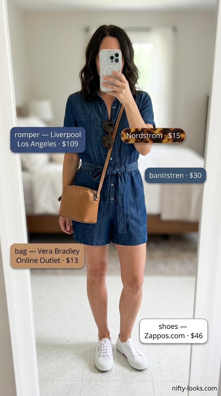 Trendy outfit inspo summer for women 2026: Navy romper, white sneakers, and crossbody bag for a weekend getaway.