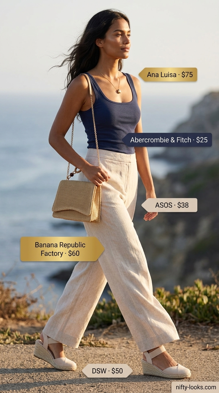 Riviera Retreat outfit: Cream linen wide-leg pants, navy knit top, and straw top-handle bag. Trendy outfit inspo summer for women 2026.