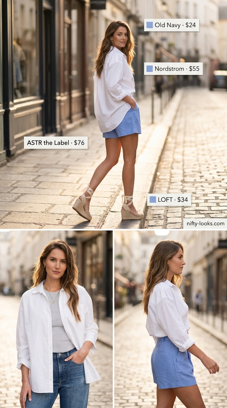 Effortless Riviera Afternoon outfit: Sky blue linen shorts, white oversized shirt, and tan espadrilles. Trendy outfit inspo summer for women 2026.
