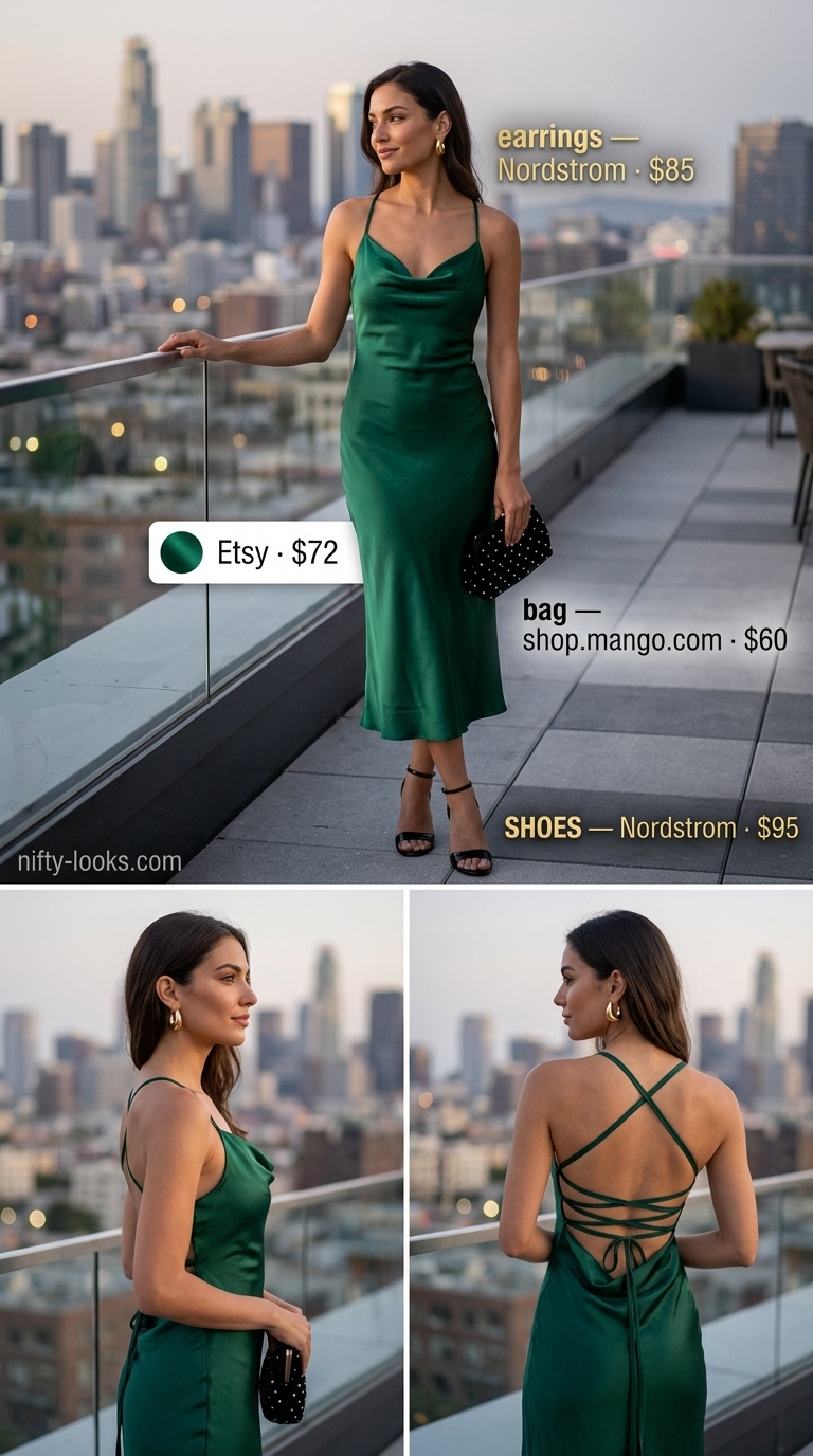 Midnight Rendezvous dress: Emerald green satin slip dress, black velvet clutch, and gold hoops. Trendy outfit inspo summer for women 2026.