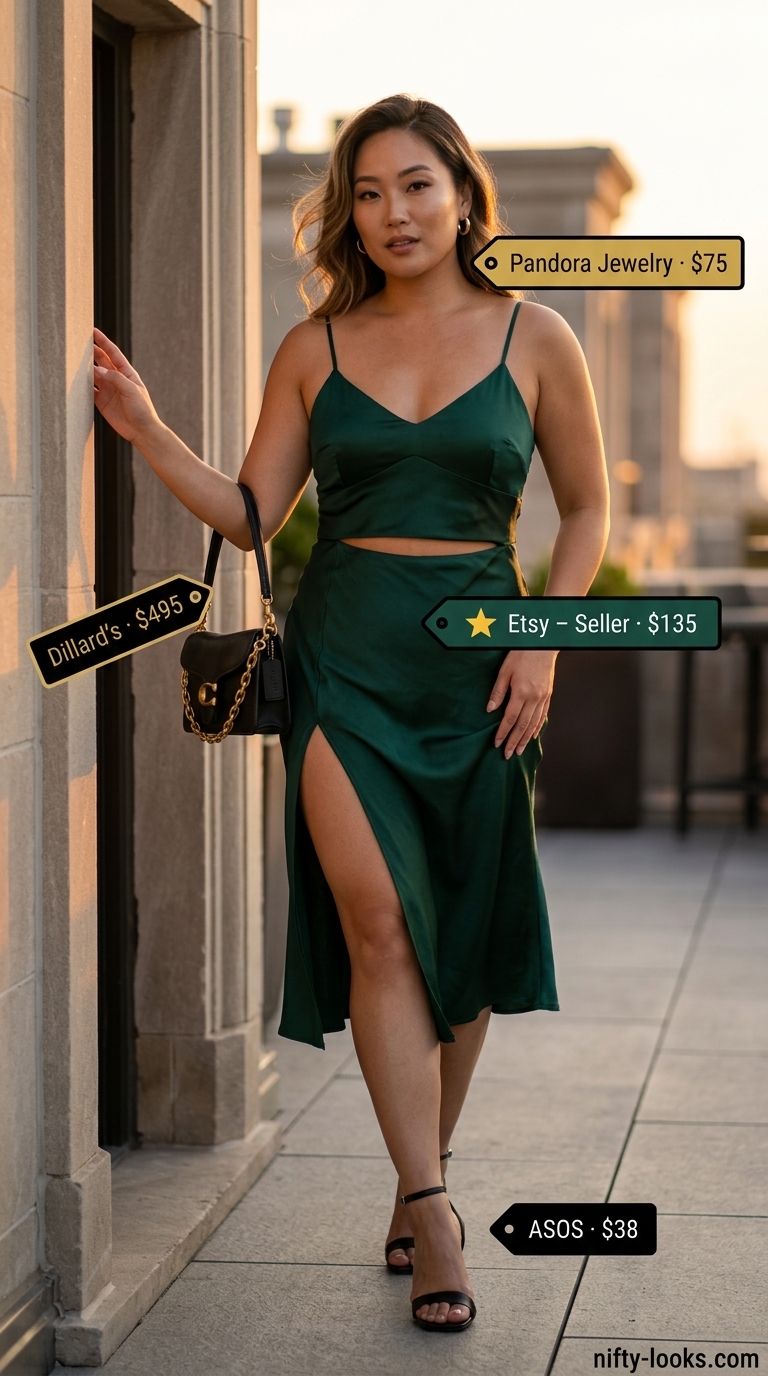 Urban Oasis Dinner dress: Emerald green satin midi dress, black heeled sandals, and gold hoop earrings. Trendy outfit inspo summer for women 2026.