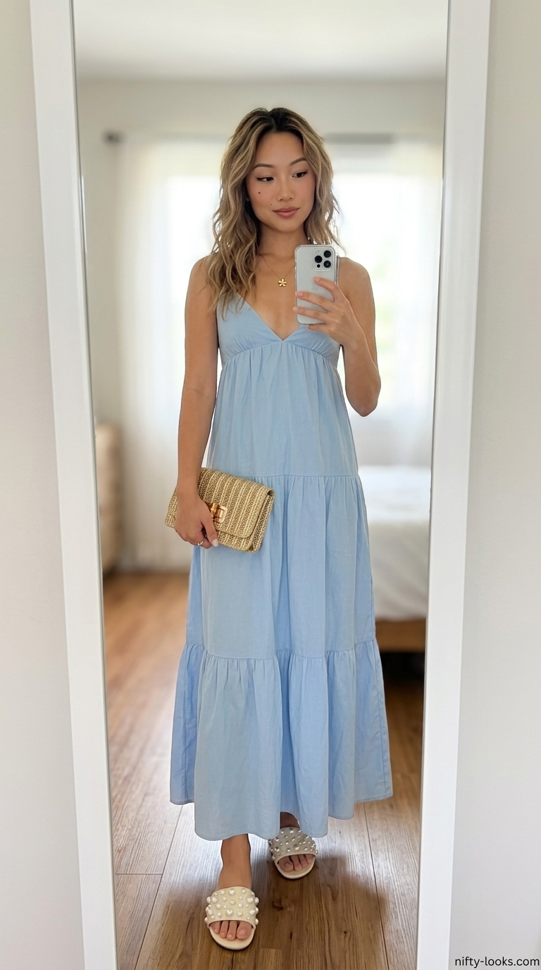 Sky blue maxi dress outfit for women 2026: tiered dress, cream sandals, raffia clutch.