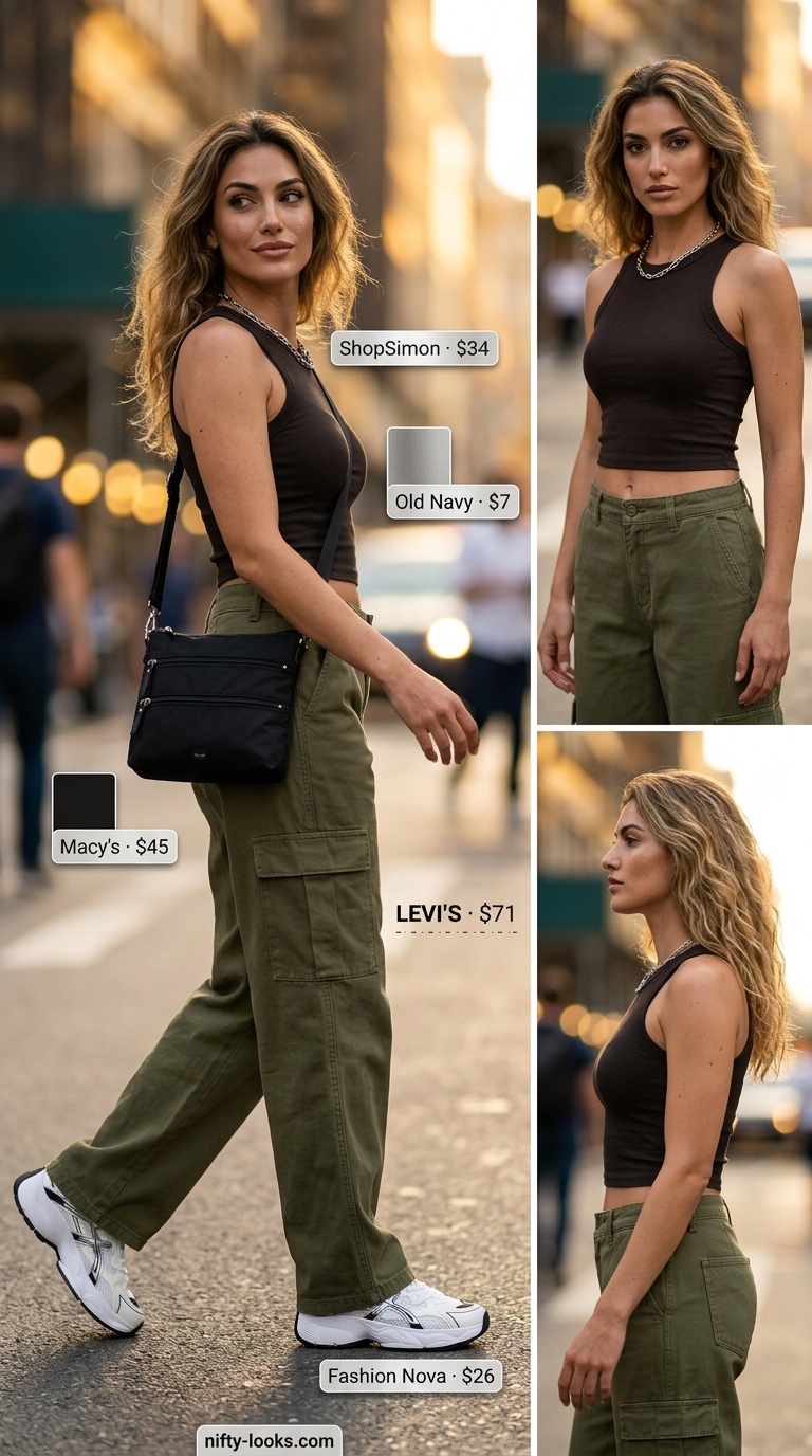 Trendy outfit inspo summer for women 2026: Khaki cargo pants, black crop top, chunky sneakers for city exploration.