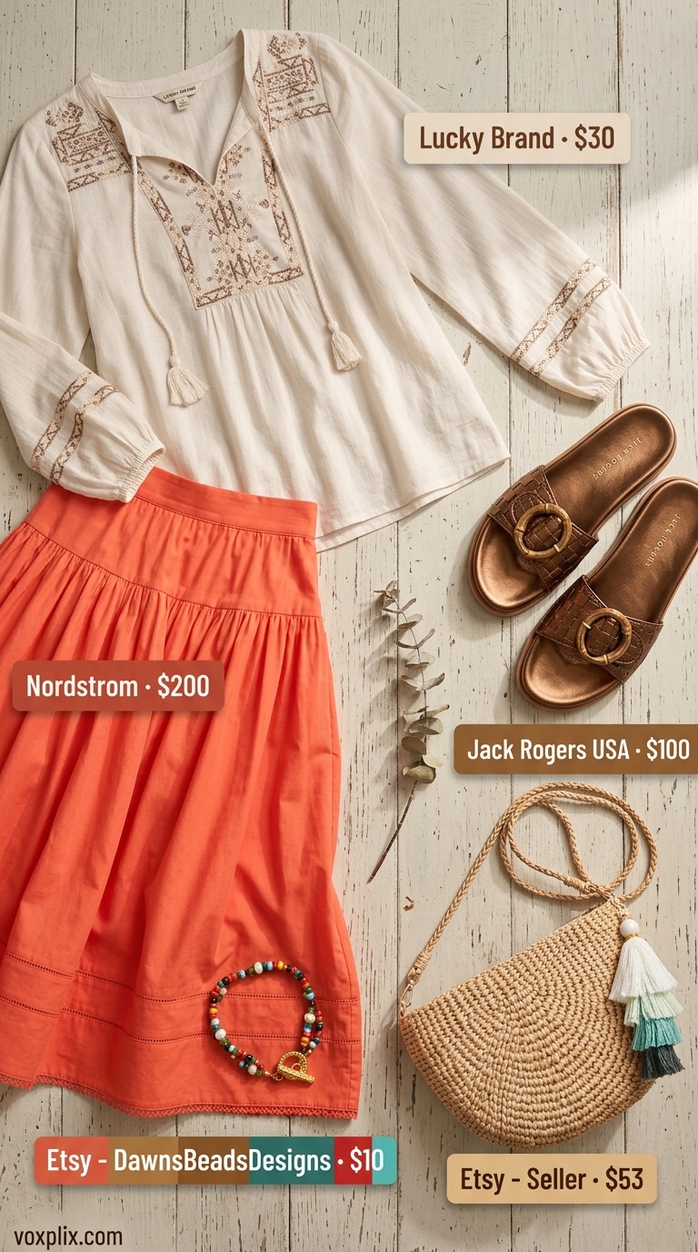 Market Muse: Trendy Summer Outfits for Women 2026 Trendy summer outfits for women 2026: Terracotta midi skirt, ecru peasant blouse, straw crossbody bag, bronze sandals.