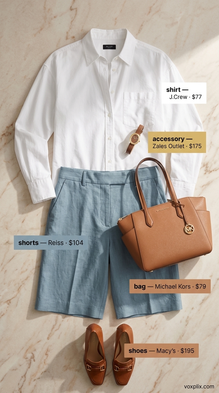 Trendy Summer Outfits 2026: Polished Summer Executive Trendy summer outfits for women 2026: Navy Bermuda shorts and white oversized shirt for smart casual office.