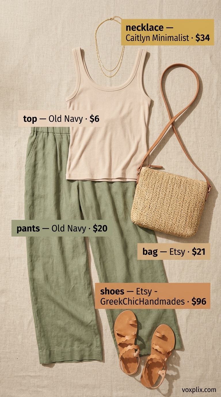 Boardwalk Stroll: Trendy Summer Outfits for Women 2026 Trendy summer outfits for women 2026: Sage green wide-leg pants, cream tank top, straw crossbody bag, gold necklace.