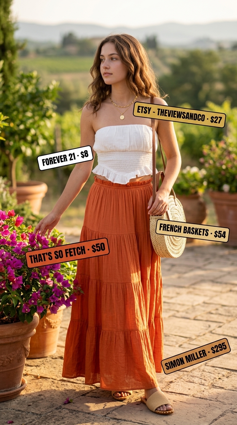 Boho Evening: Trendy Summer Outfits for Women 2026 Trendy summer outfits for women 2026: Terracotta tiered maxi skirt, cream bandeau top, straw bag, gold necklace.