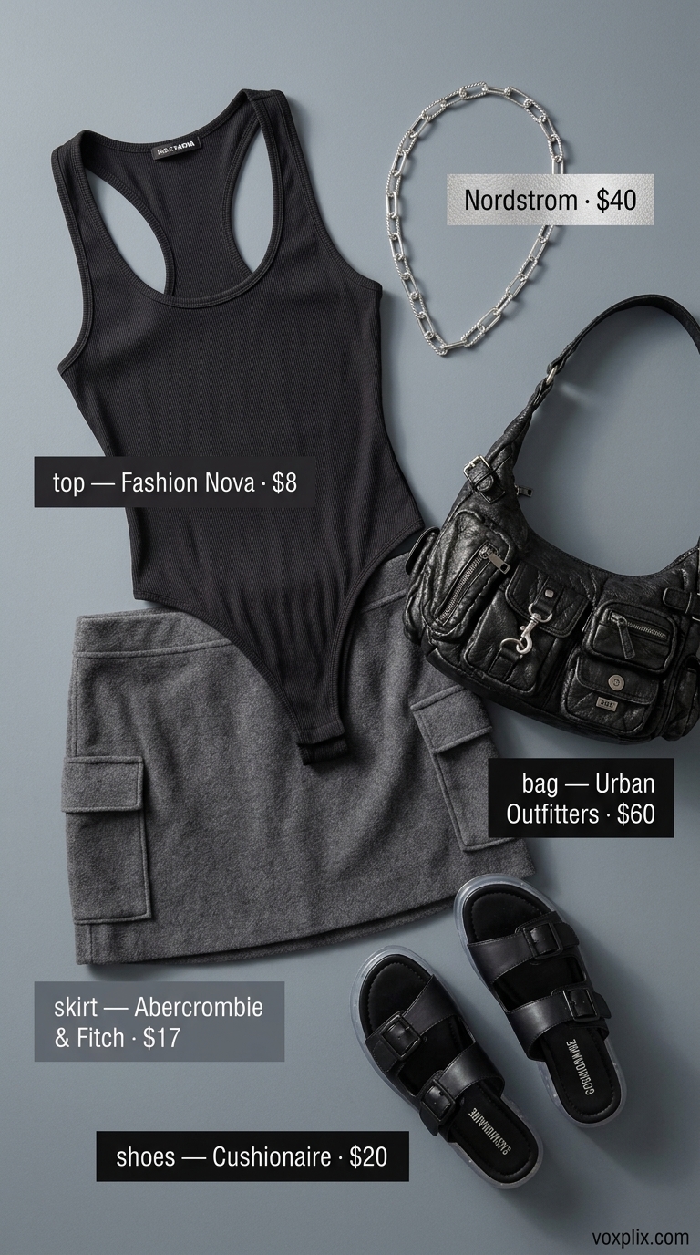 Trendy Summer Outfits 2026: Urban Edge Explorer Trendy summer outfits for women 2026: Charcoal grey cargo mini skirt and black bodysuit for a concert or night out.