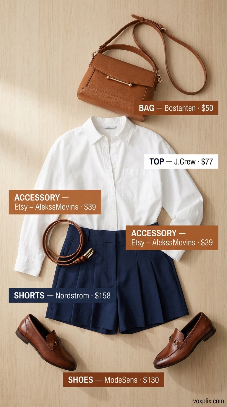 City Break: Trendy Summer Outfits for Women 2026 Trendy summer outfits for women 2026: Navy tailored shorts, white oversized shirt, cognac loafers, crossbody bag, belt.