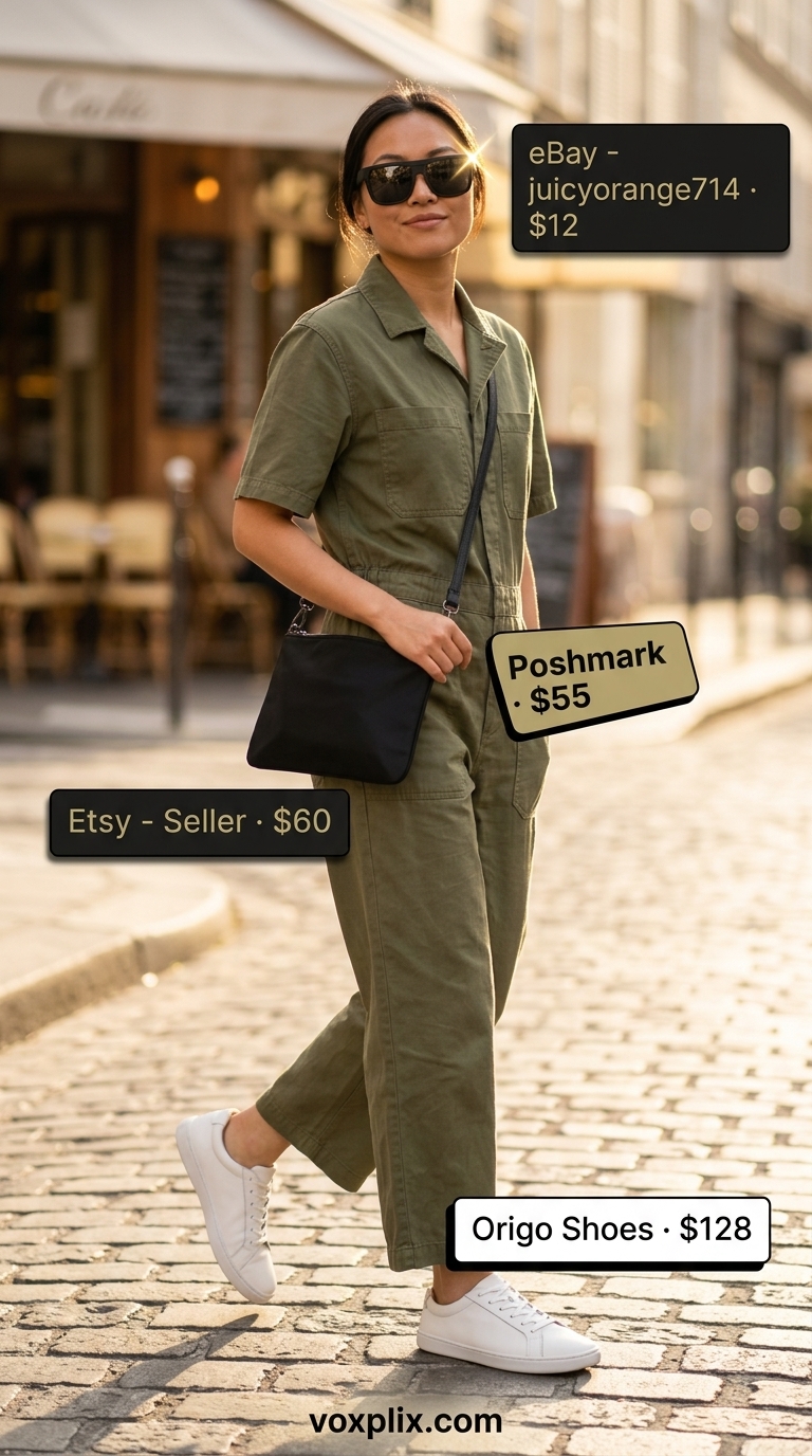 City Explorer: Trendy Summer Outfits for Women 2026 Trendy summer outfits for women 2026: Khaki utility jumpsuit, white sneakers, black crossbody bag, oversized sunglasses.