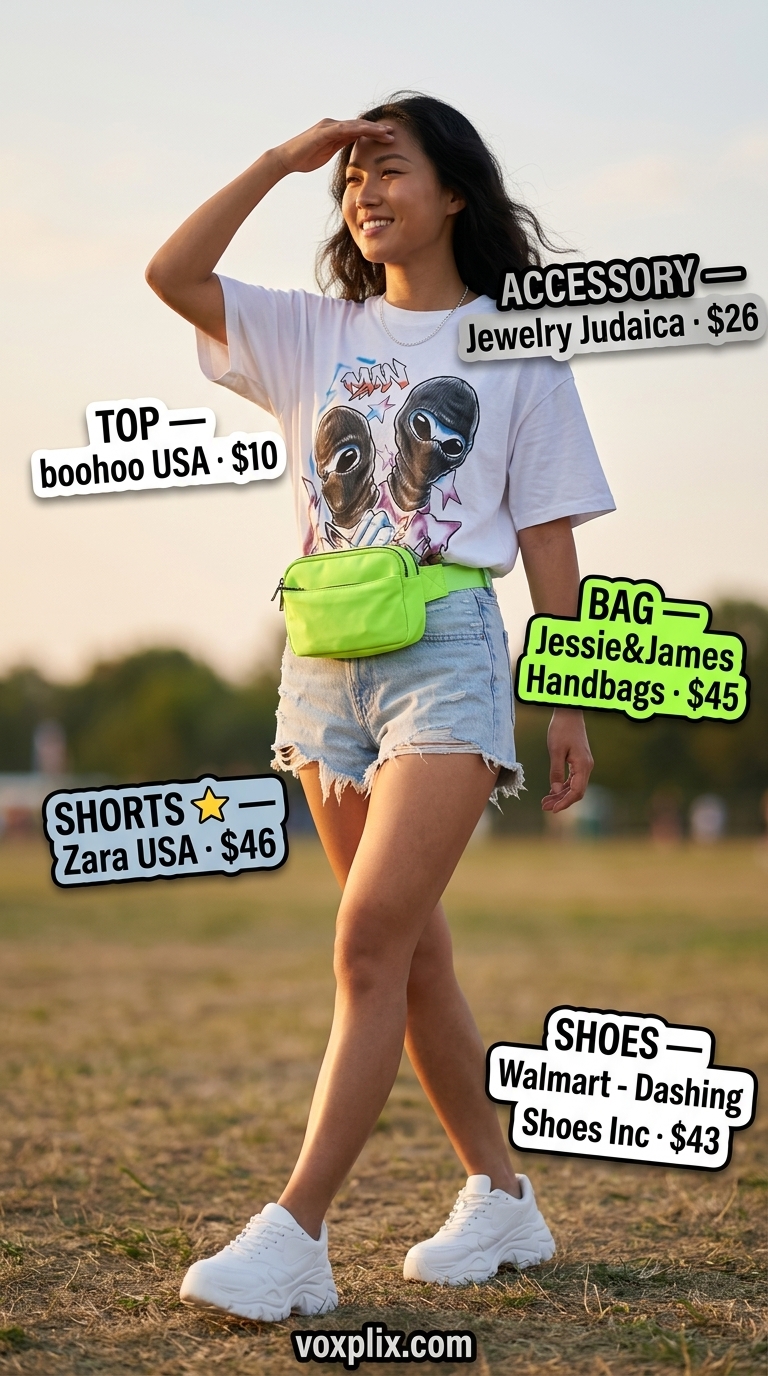 Trendy Summer Outfits 2026: Festival Fun Day Trendy summer outfits for women 2026: Light wash denim shorts and graphic tee for a music festival or casual day out.