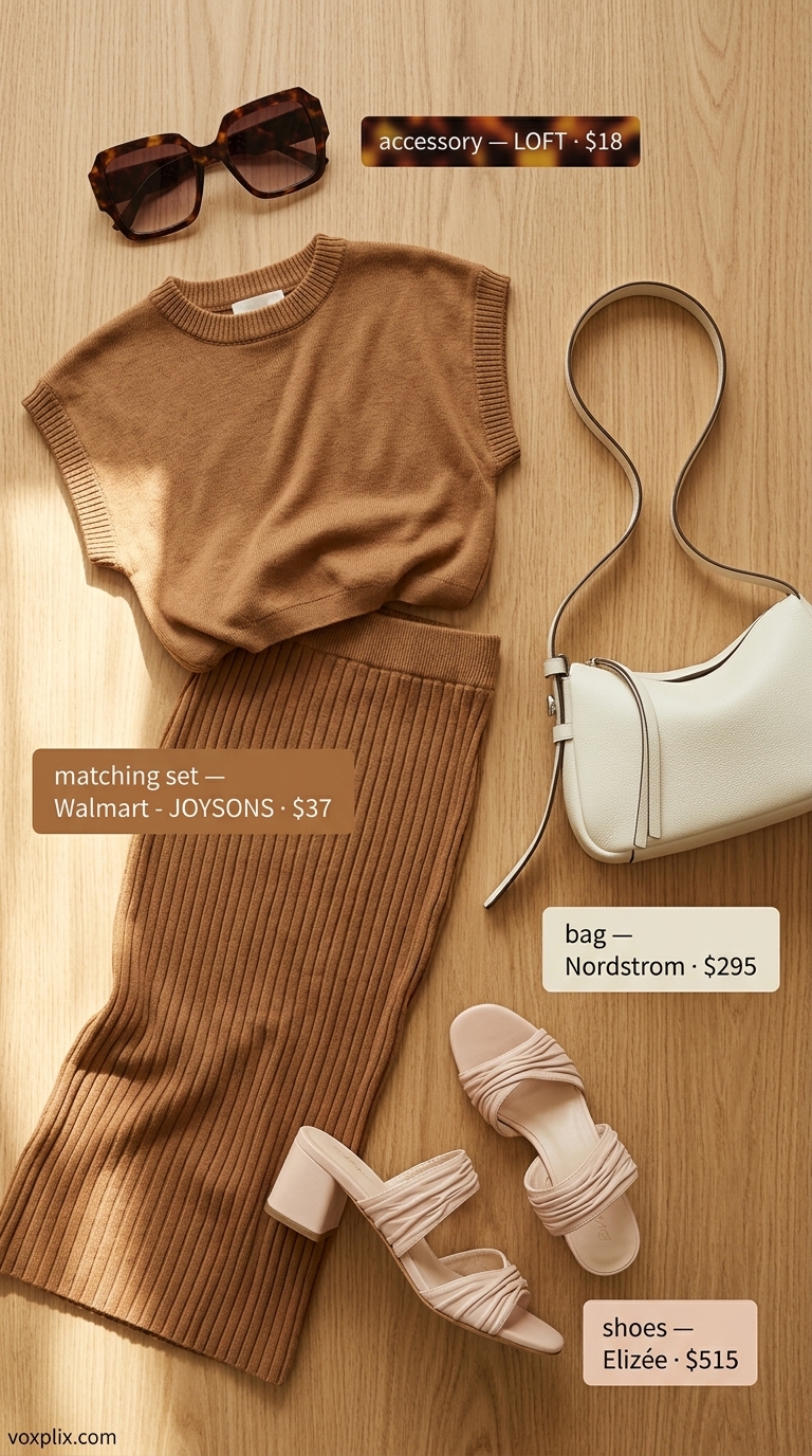 Trendy Summer Outfits 2026: Quiet Luxury Summer Set Trendy summer outfits for women 2026: Taupe knit skirt set for brunch or resort dinner.