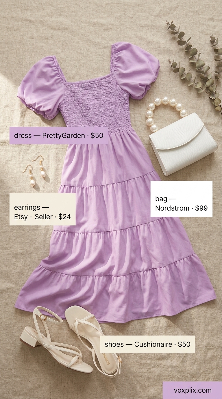 Trendy Summer Outfits 2026: Lavender Garden Dream Trendy summer outfits for women 2026: Lavender tiered midi dress for a garden party or daytime wedding.