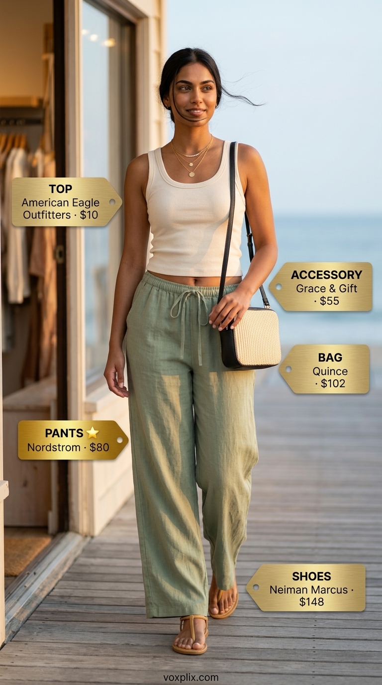 Trendy Summer Outfits 2026: Boardwalk Sunset Stroll Trendy summer outfits for women 2026: Sage green linen pants and cream tank top for a relaxed evening out.