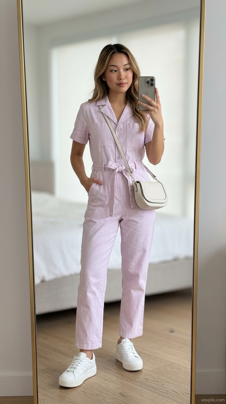 Pastel Playdate: Trendy Summer Outfits for Women 2026 Trendy summer outfits for women 2026: Pastel lavender romper, white platform sneakers, silver earrings, mini crossbody bag.