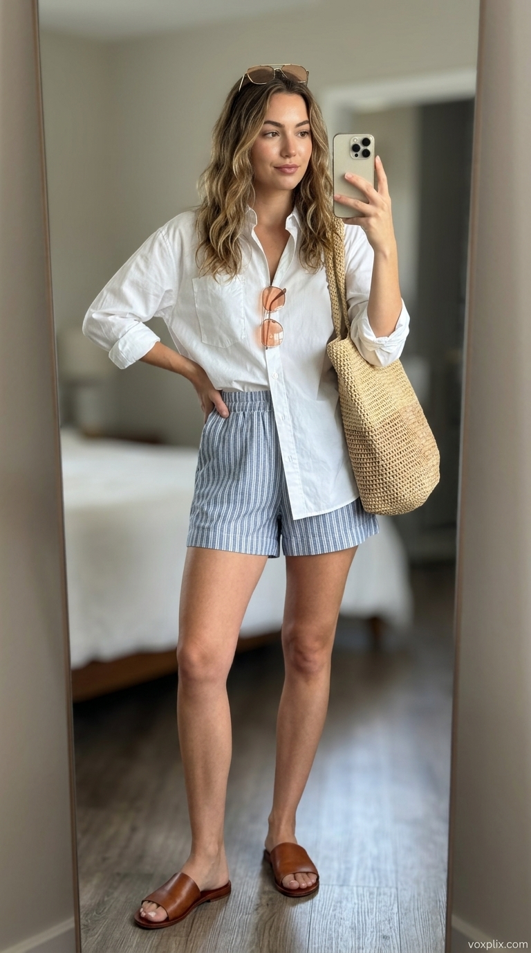 Resort Day: Trendy Summer Outfits for Women 2026 Trendy summer outfits for women 2026: Sky blue linen shorts, white oversized shirt, tan slides, woven tote, aviator sunglasses.