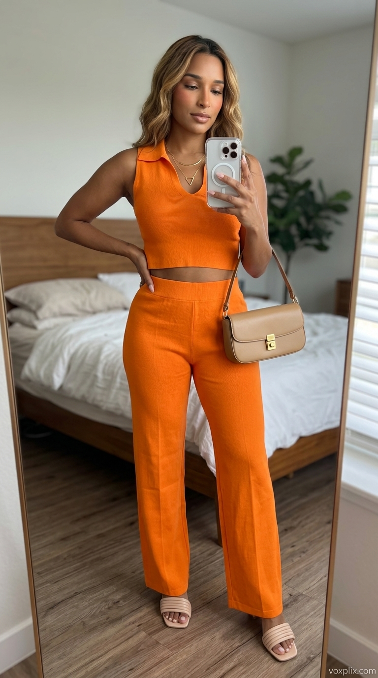 Trendy Summer Outfits 2026: Desert Sands Soiree Trendy summer outfits for women 2026: Terracotta satin matching set for a sophisticated outdoor dinner or vacation evening.