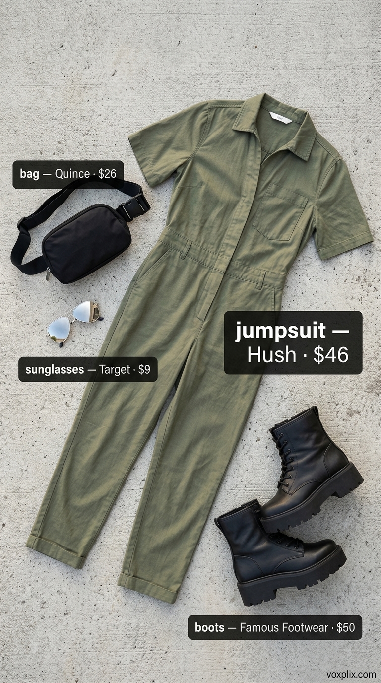 Trendy Summer Outfits 2026: Festival Utility Cool Trendy summer outfits for women 2026: Khaki green utility jumpsuit for a music festival or casual weekend.