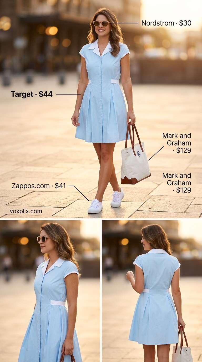 Weekend Chic: Trendy Summer Outfits for Women 2026 Trendy summer outfits for women 2026: Sky blue tie-waist mini dress, white sneakers, gold earrings, nude sunglasses.
