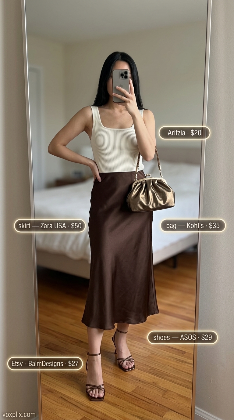 Satin Sparkle: Trendy Summer Outfits for Women 2026 Trendy summer outfits for women 2026: Burnt orange satin skirt with ivory top and bronze accessories for date night.