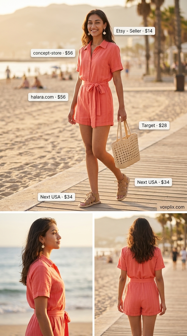 Tropical Romper: Trendy Summer Outfits for Women 2026 Trendy summer outfits for women 2026: Bright coral romper with straw hat and espadrilles for tropical vacation.