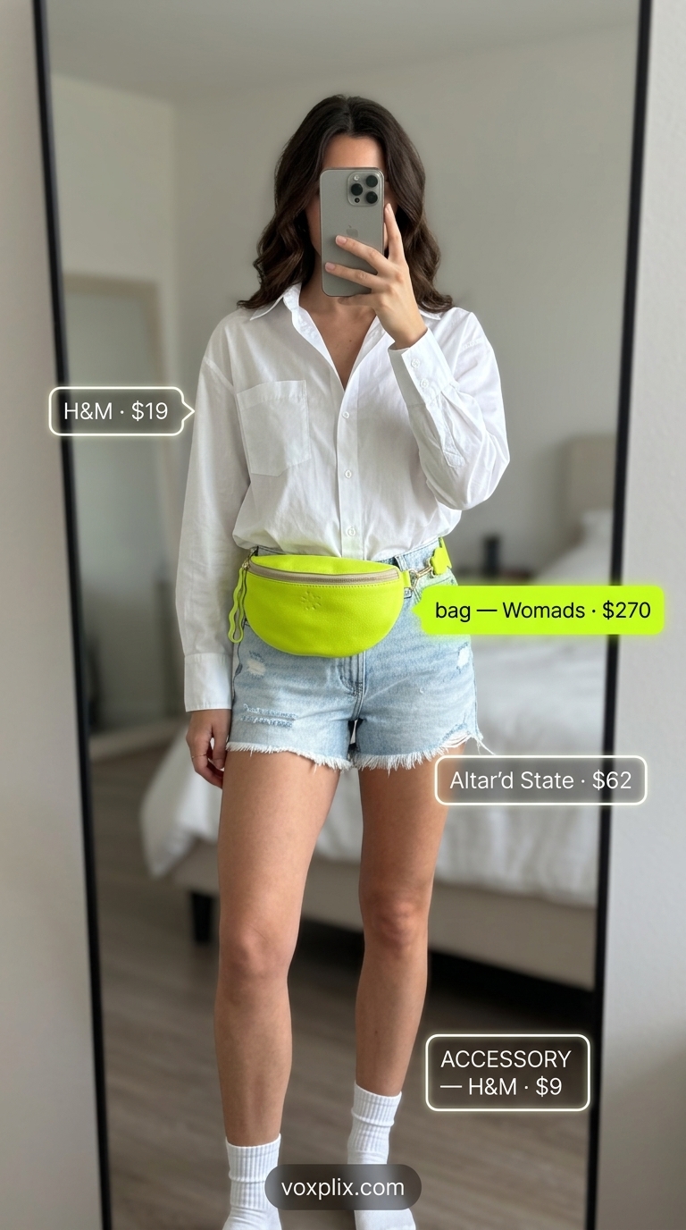 Downtown Cool: Trendy Summer Outfits for Women 2026 Trendy summer outfits for women 2026: Light wash denim shorts with white shirt and neon green belt bag for casual day.