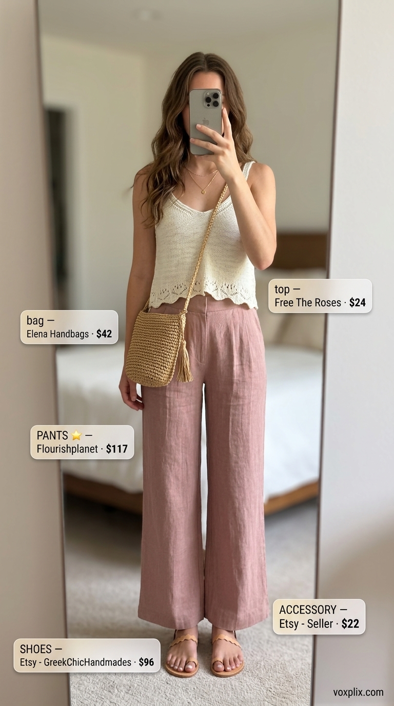 Boho Breeze: Trendy Summer Outfits for Women 2026 Trendy summer outfits for women 2026: Dusty rose linen pants with cream crochet top and tan accessories for casual evening.