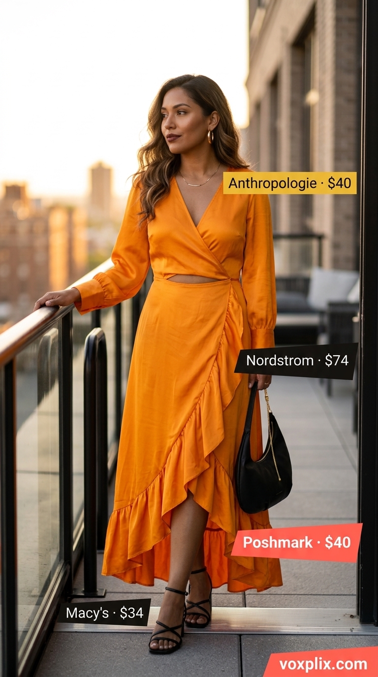 Golden Hour Glam: Trendy Summer Outfits for Women 2026 Trendy summer outfits for women 2026: Mango orange wrap dress with gold hoops and black accessories for rooftop dinner.