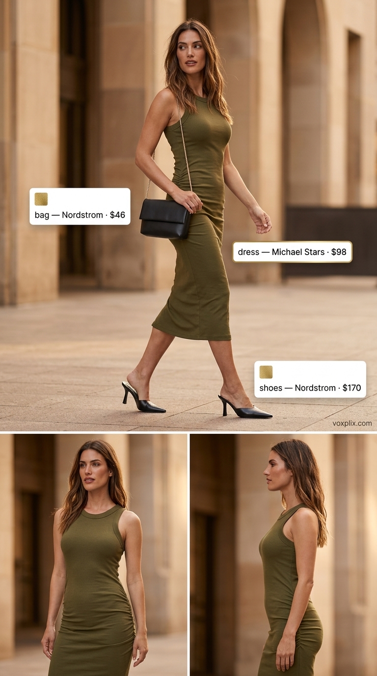 Gallery Glam: Trendy Summer Outfits for Women 2026 Trendy summer outfits for women 2026: Olive green knit dress with gold earrings and black accessories for gallery opening.
