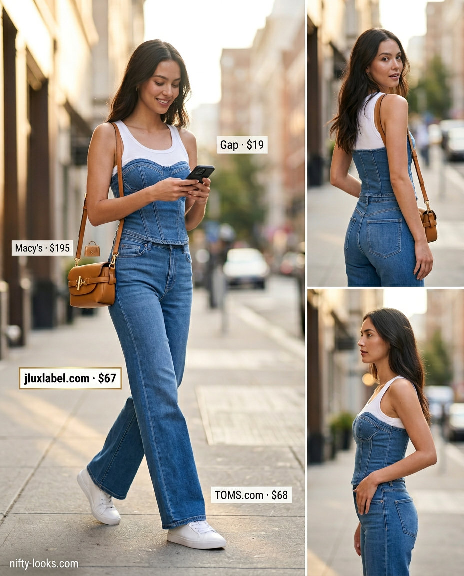 Trendy summer outfits for women over 30 2026: Matching denim set with corset top, tank, sneakers, and crossbody bag.