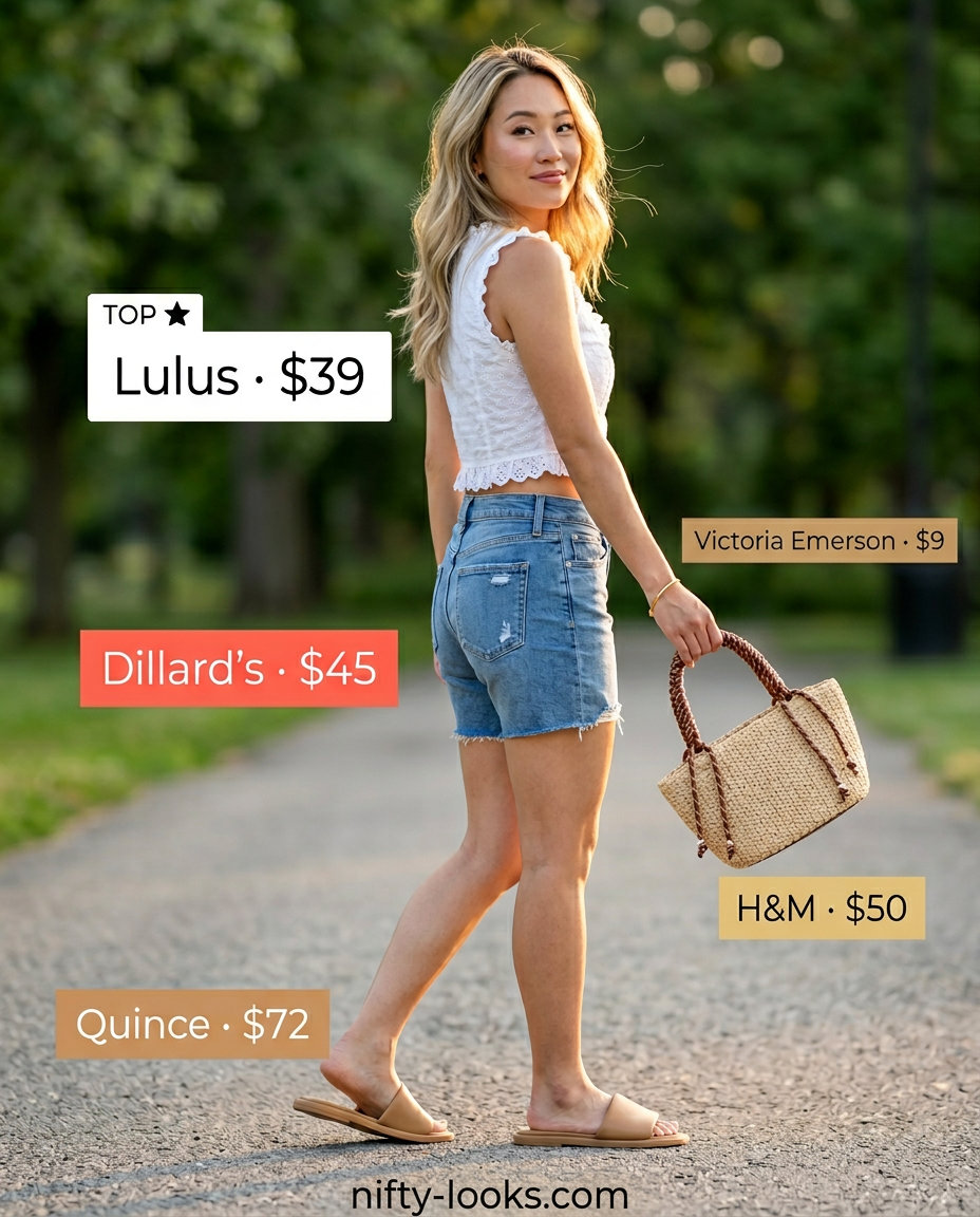 Trendy summer outfits for women over 30 2026: Denim shorts, eyelet top, leather slides. Casual & feminine.