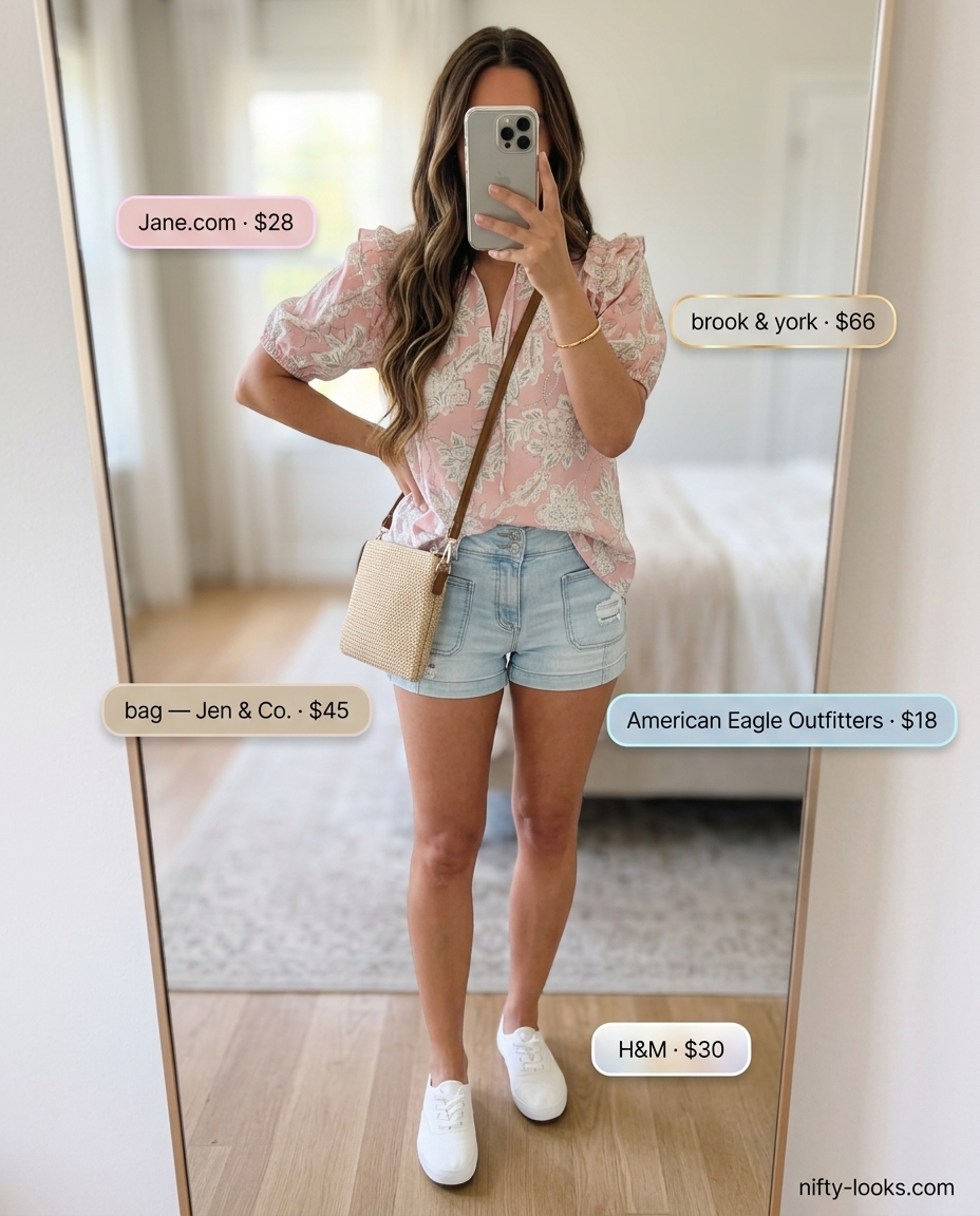 Trendy summer outfits for women over 30 2026: Denim shorts, floral peasant blouse, sneakers, and straw bag.