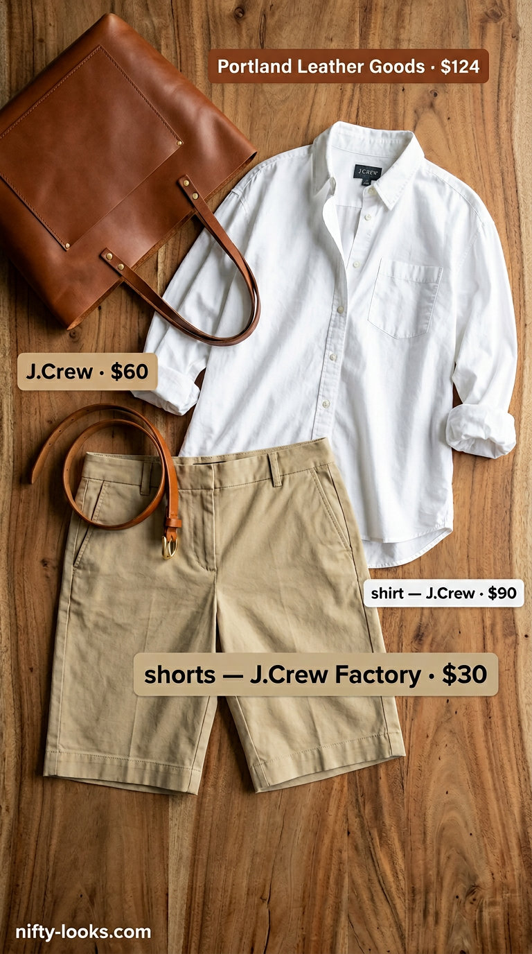 Trendy summer outfits for women over 30 2026: Classic khaki shorts, white button-down, loafers, and tote bag.