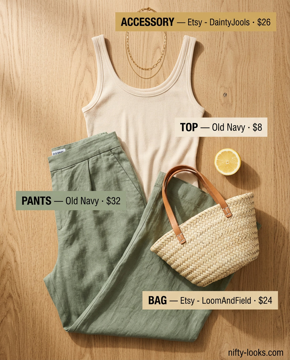 Trendy summer outfits for women over 30 2026: Sage green linen pants, cream tank, flat sandals, and straw bag.